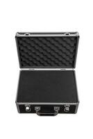 Black padded aluminum briefcase case with metal corners.  Case with foam inside. Isolate on a white back photo