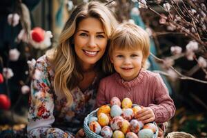 AI generated Mother and daughter having fun with easter eggs. ai generated photo