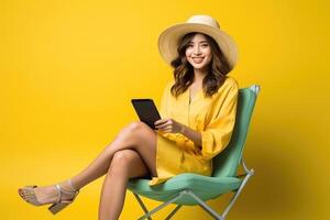 AI generated woman wear summer clothes sit in deckchair use show mobile cell phone isolated on plain yellow background. ai generated photo