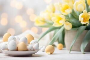 AI generated Easter spring table setting decoration, eggs in nest, fresh yellow tulips, ai generated photo
