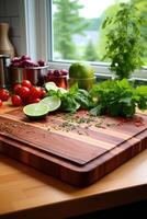 ai generado culinario antecedentes. de madera corte tablero con cortar vegetales. ai generado foto
