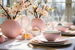 AI generated table setting with spring flowers for Easter celebration. ai generated photo