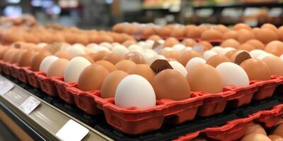 AI generated supermarket shelves full of eggs. ai generated photo