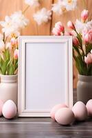 AI generated wooden frame on the table decorated for Easter. ai generated photo