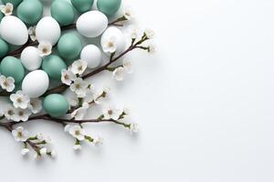 AI generated easter background with pastel eggs and flowers. ai generated photo