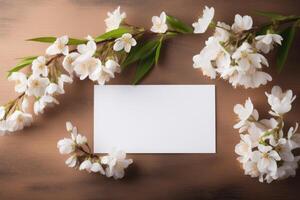AI generated white card mockup next to spring flowers . ai generated photo