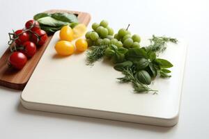 ai generado culinario antecedentes. de madera corte tablero con cortar vegetales. ai generado foto