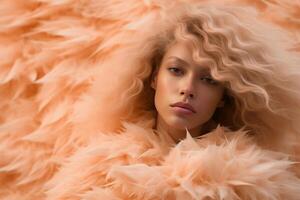 AI generated woman on abstract background, concept color of the year 2024 Peach Fuzz. AI Generated photo