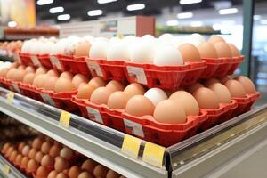 AI generated supermarket shelves full of eggs. ai generated photo