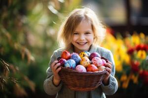 AI generated kid holding eggs in basket. ai generated photo