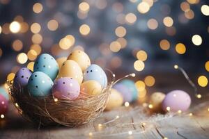 AI generated easter banner with decorations, basket, sparkling bokeh, pastell colors. ai generated photo