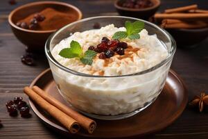 AI generated delicious rice pudding with cinnamon sticks. ai generated photo