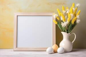 AI generated wooden frame on the table decorated for Easter. ai generated photo