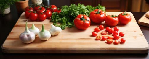 ai generado culinario antecedentes. de madera corte tablero con cortar vegetales. ai generado foto