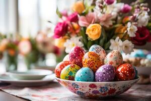 AI generated table setting with spring flowers for Easter celebration. ai generated photo