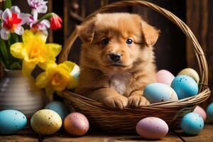 AI generated cute puppy with blue eyes in easter eggs. ai generated photo