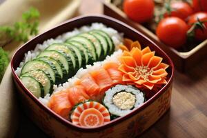 AI generated Salmon Bento box. ai generated photo