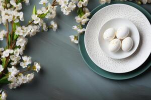 AI generated table setting with spring flowers for Easter celebration. ai generated photo