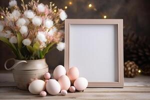 AI generated wooden frame on the table decorated for Easter. ai generated photo