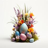 AI generated easter flowers with grass and eggs white background. ai generated photo