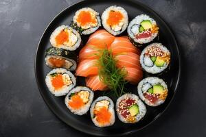 AI generated platter of sushi rolls . ai generated photo