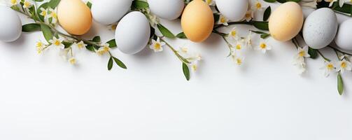 AI generated easter background with pastel eggs and flowers. ai generated photo