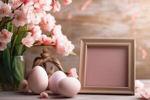 AI generated wooden frame on the table decorated for Easter. ai generated photo