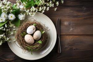 AI generated table setting with spring flowers for Easter celebration. ai generated photo