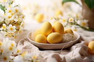 AI generated Easter spring table setting decoration, eggs in nest, fresh yellow tulips, ai generated photo