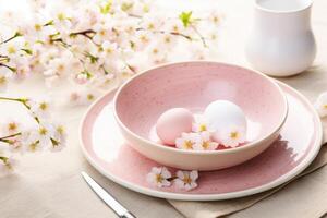 AI generated table setting with spring flowers for Easter celebration. ai generated photo