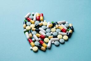 heart shape made of different pills on blue background photo