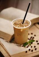 Delicious and refreshing coffee based beverage, ice coffee, cold drink, coffee beans photo