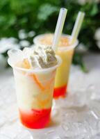 Delicious and refreshing milk based beverage, ice milkshake, cold drink, with different topping and mix photo