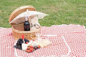 verano picnic en un verde césped con rojo vino, queso y Fresco bayas, uvas foto