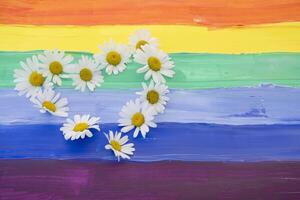A heart of daisies flowers lies on the flag in the colors of the rainbow, photo