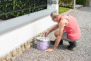 A middle-aged man paints a fence with white paint with a brush, repairs the damaged surface photo