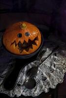 Halloween Pumpkin head, pumpkin with teeth and eyes, selective focus, photo