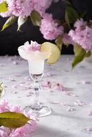 Spring still life with a glass of cold Margarita with lime, pink sakura flowers photo