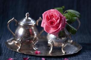 delicate still life with a silver set of dishes and a pink rose on a dark background, Spring Tenderness photo