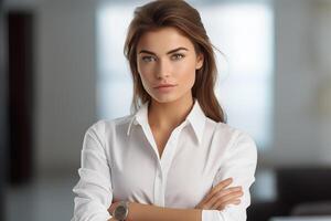 AI generated Portrait photo of a beautiful businesswoman wearing a white shirt, folding her arms across her chest and looking forward at the camera.  office background bokeh