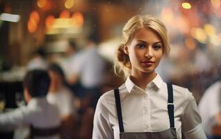 ai generado retrato de un camarero en un restaurante, bokeh antecedentes foto