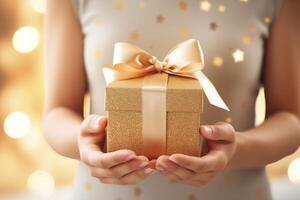 AI generated Woman hands holding elegant present gift box with golden ribbon photo