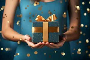 AI generated Woman hands holding elegant present gift box with golden ribbon over blue background with confetti photo