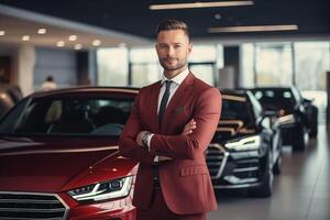 AI generated Professional luxury car salesman in luxury showroom. salesman in showroom. Expensive car. Car dealer business. Automotive industry. Luxury car agent. Auto dealership office. photo