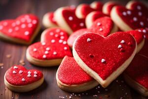 ai generado rojo corazón conformado San Valentín día azúcar galletas foto