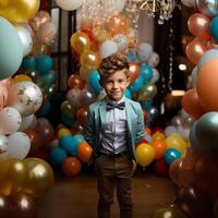 ai generado retrato de un linda pequeño chico en un traje y arco Corbata posando en un antecedentes de vistoso globos foto