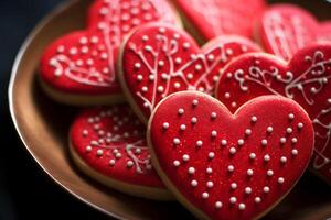 ai generado rojo corazón conformado San Valentín día azúcar galletas foto