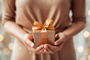 AI generated Woman hands holding elegant present gift box with golden ribbon photo