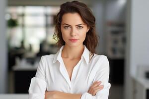 AI generated Portrait photo of a beautiful businesswoman wearing a white shirt, folding her arms across her chest and looking forward at the camera.  office background bokeh