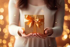 AI generated Woman hands holding elegant present gift box with golden ribbon photo